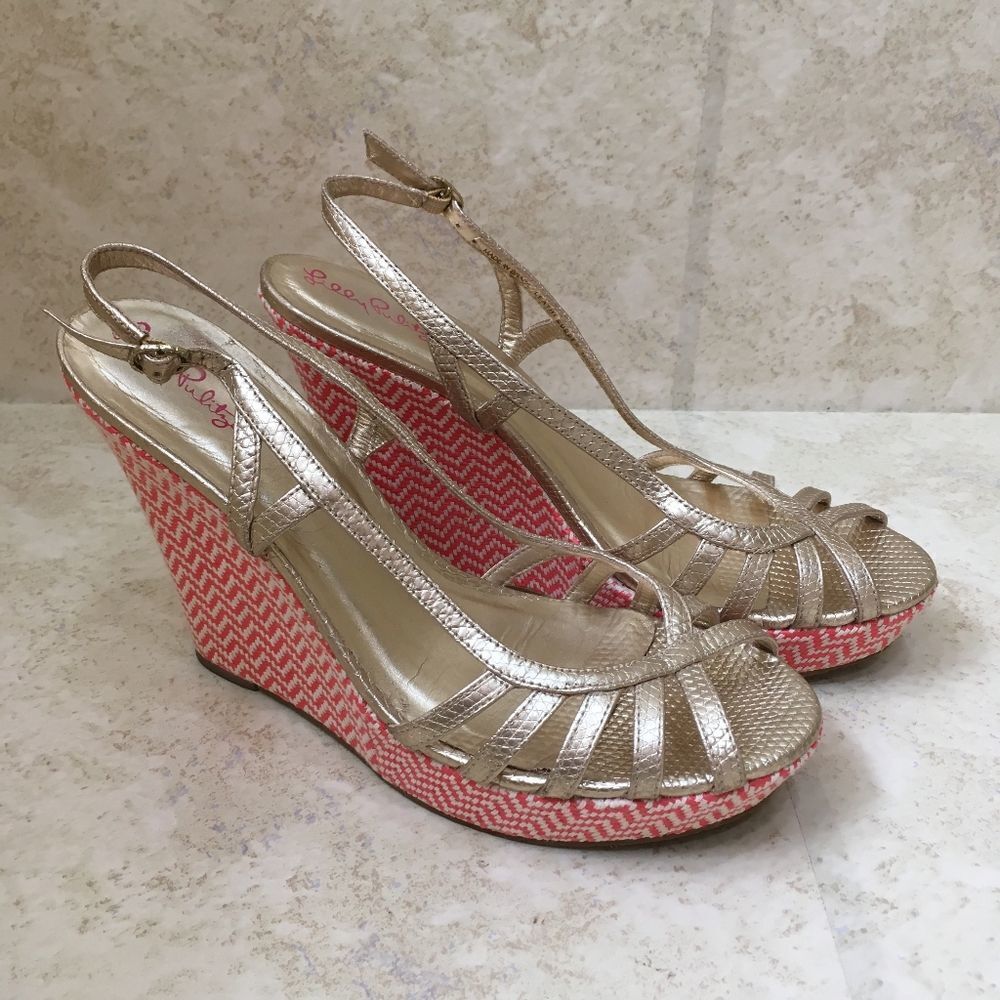 Lilly Pulitzer Metallic Gold and Coral Pink Wedge Sandals